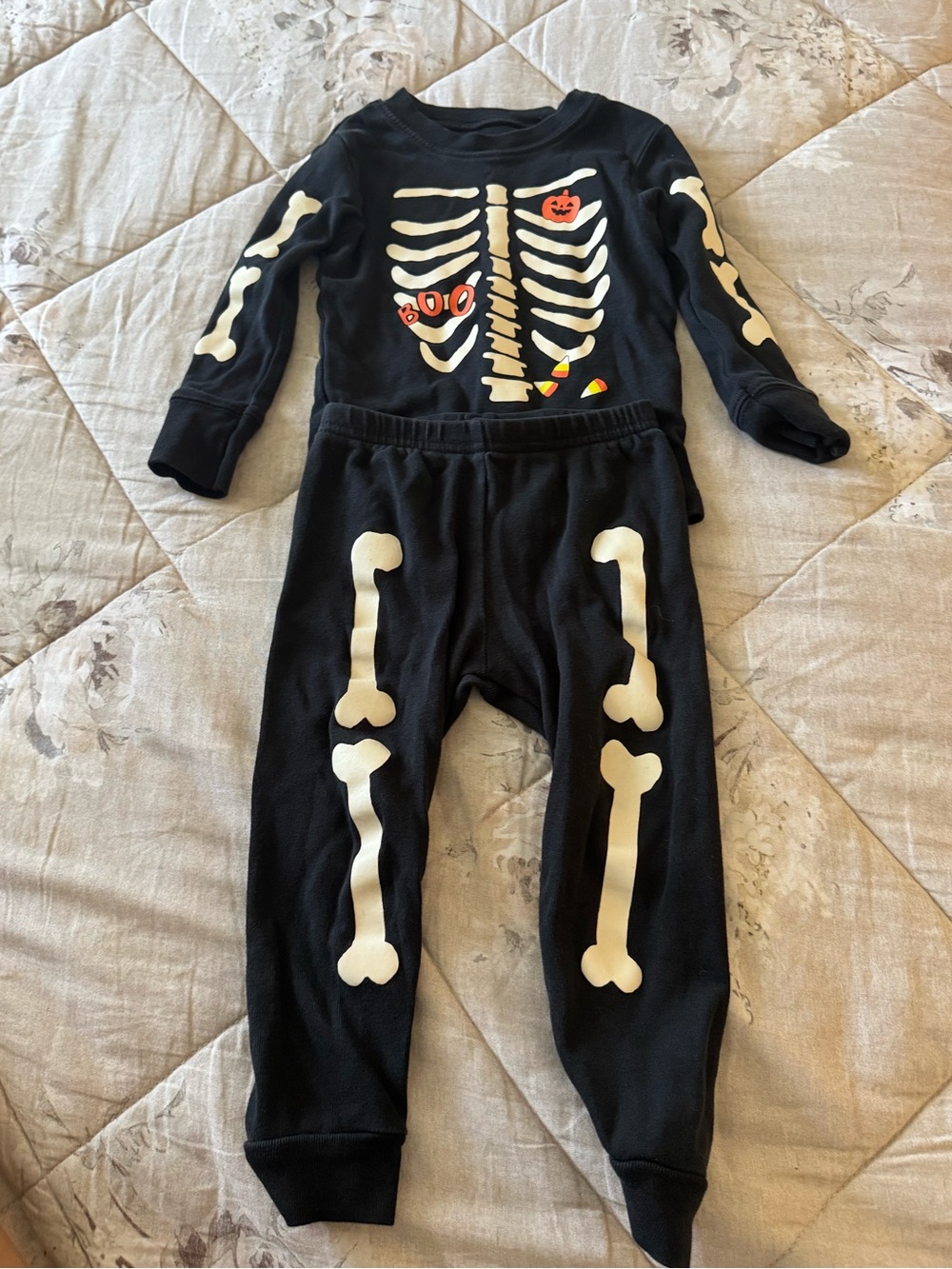 Carter's Black Pajama Set with White Skeleton and Candy Corn Accents